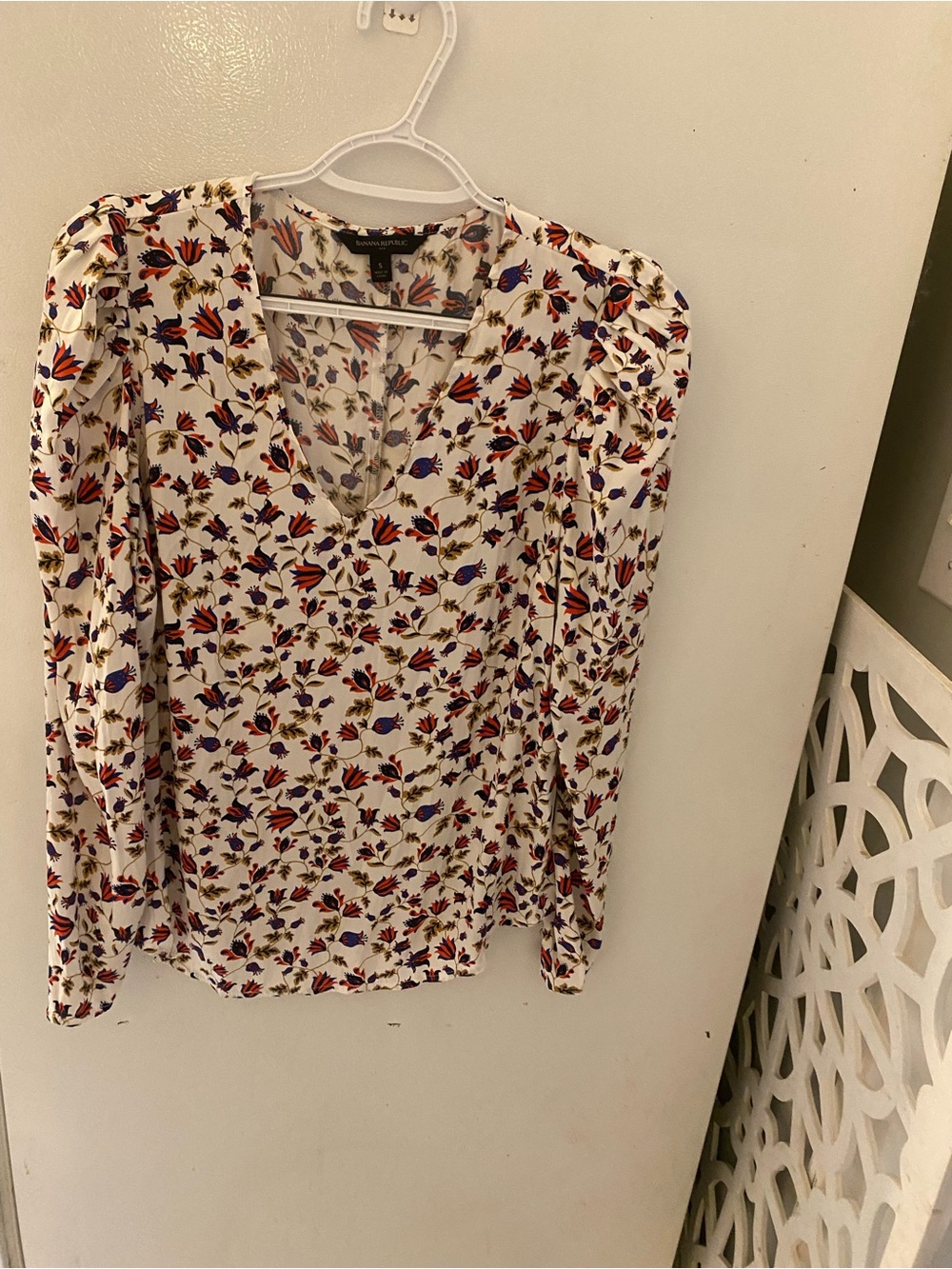 Banana Republic White Floral V-Neck Blouse with Red & Purple Flowers